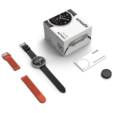 Amazfit Active 2 NFC Round - Fekete Bőrszíj + Piros Szilikonszíj Gyártói Garancia